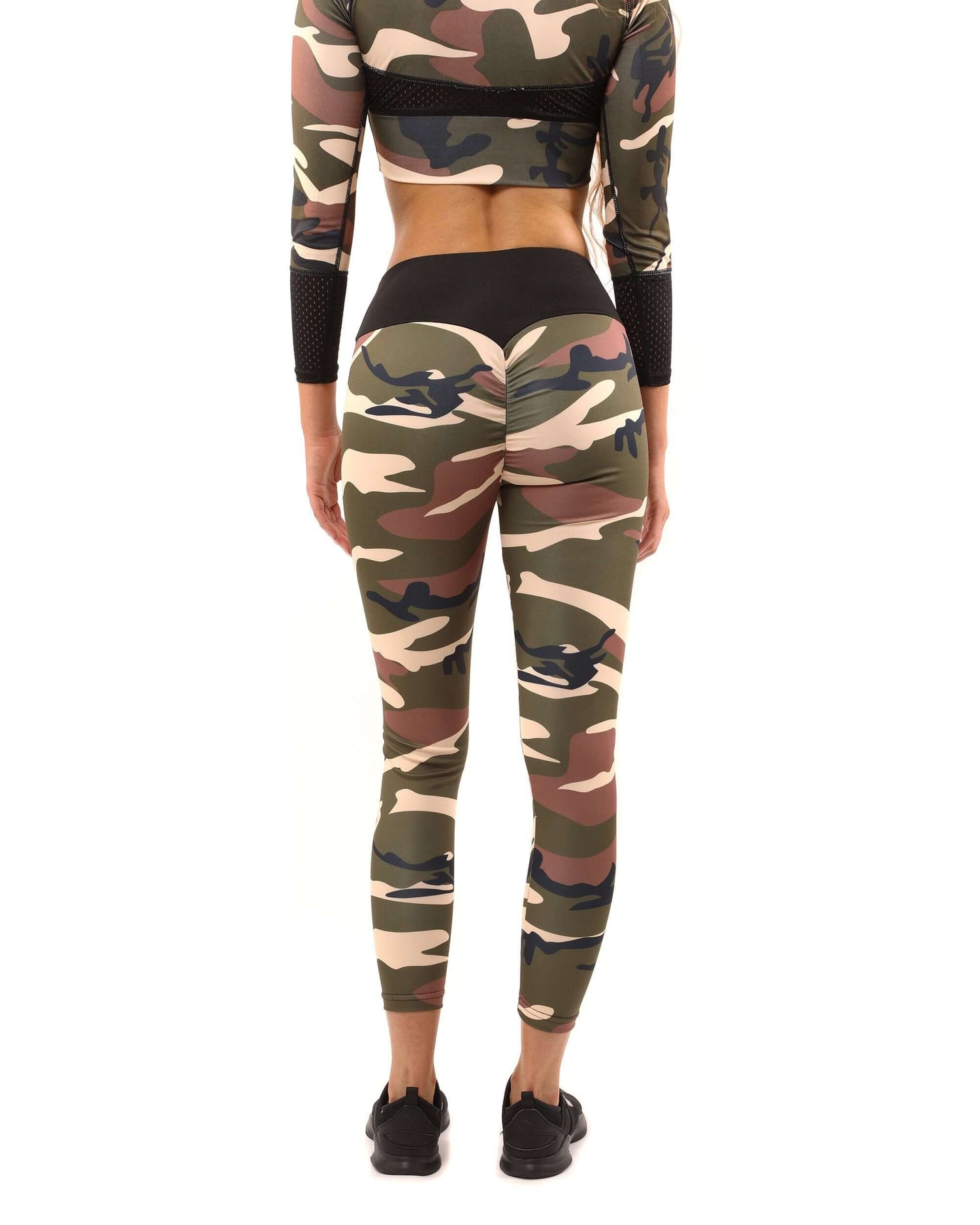 Back view of Virginia Camouflage Leggings in brown and green, featuring a sculpted compression fit and stylish design.