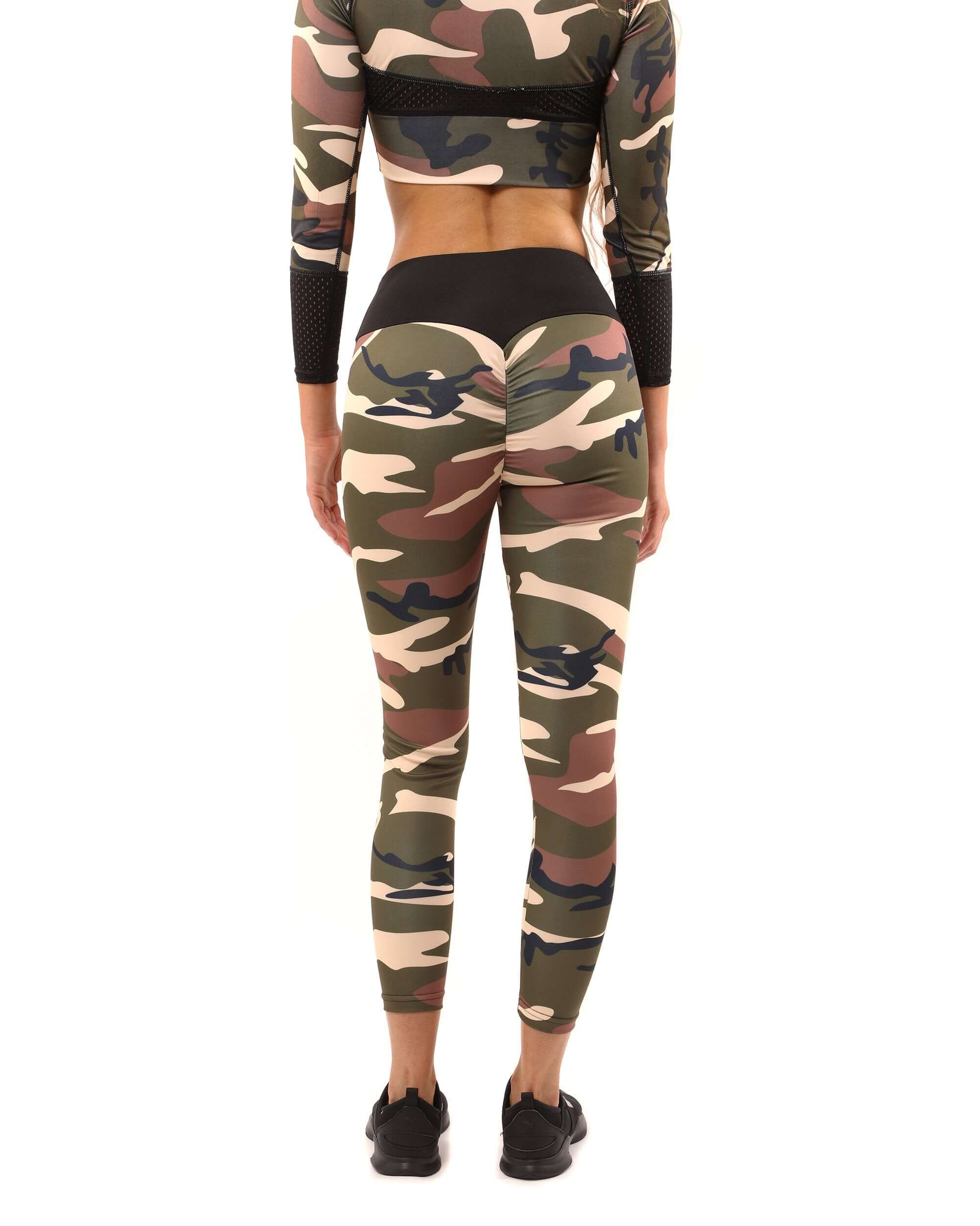 Back view of Virginia Camouflage Leggings in brown and green, featuring a sculpted compression fit and stylish design.