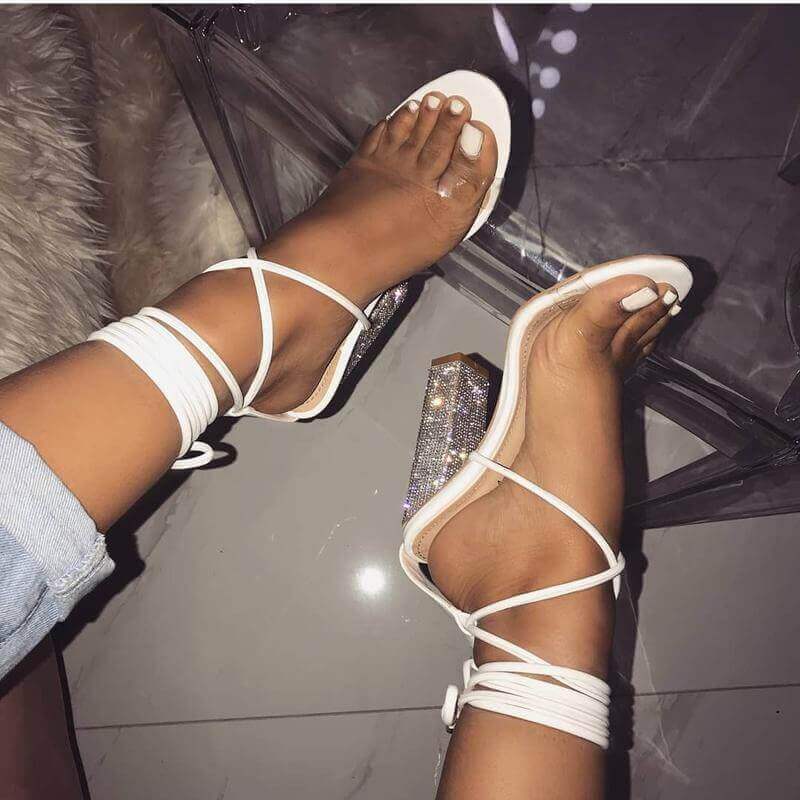 White transparent belt thick-heeled high-heeled sandals with open toes, stylish and chic footwear for any outfit.