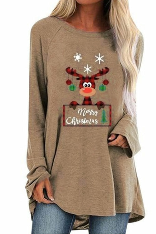 Crew Neck Elk Print Christmas Tunic Top