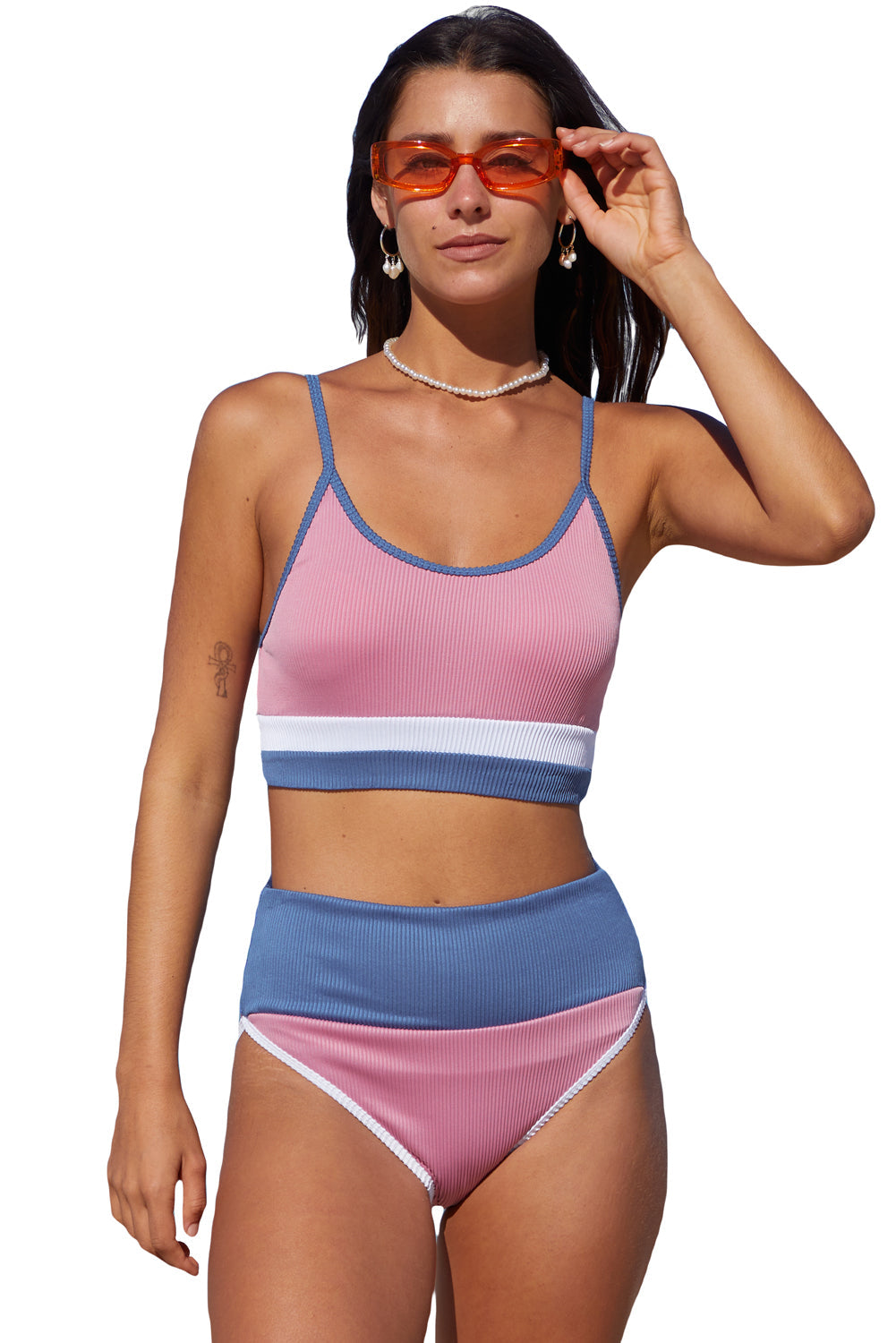 Pink Spaghetti Straps Colorblock Ribbed High waisted swimsuits