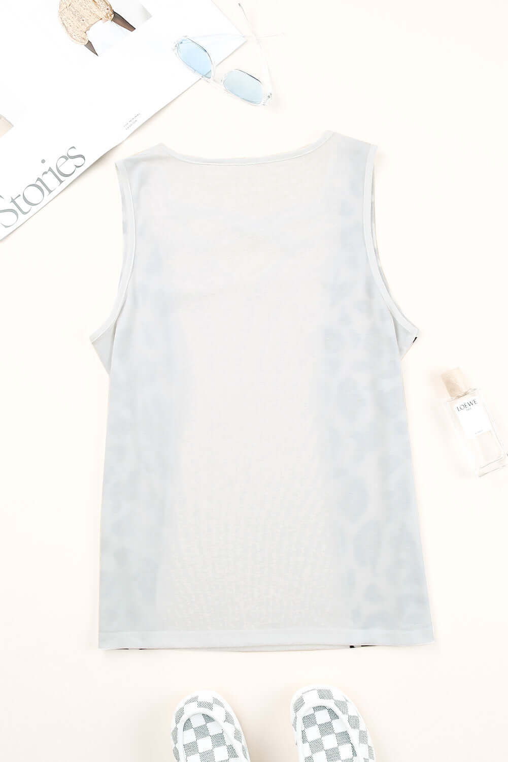 Back view of a Crisscross Leopard Splicing Tank Top in light gray, showcasing its sleeveless and stylish design.