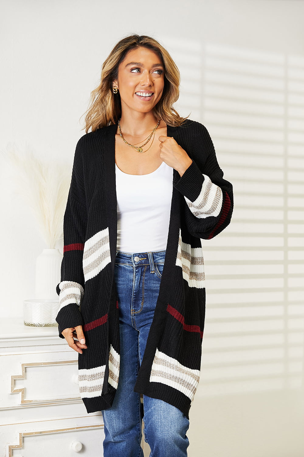 Women's striped knit open-front cardigan for fall