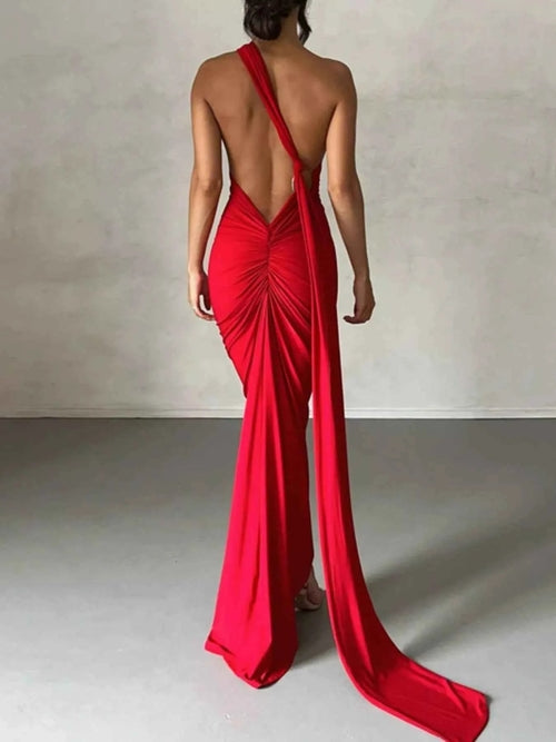 Backless halter ruched bodycon maxi dress in Red