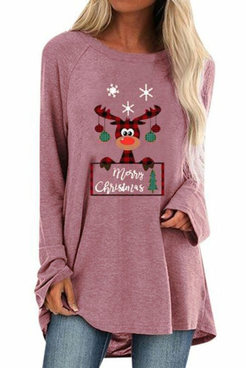 Crew Neck Elk Print Christmas Tunic Top