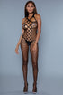 Model showcasing Night Reflection Bodystocking with deep plunging neckline and intricate knit design in black.