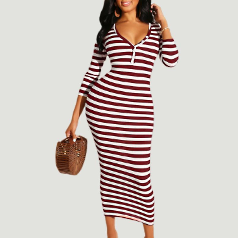 Bold striped midi bodycon dress for women, perfect for autumn and winter fashion adventures.