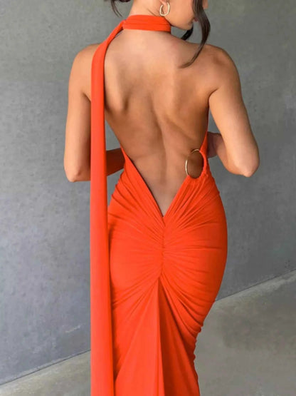 Backless halter ruched bodycon maxi dress, view 15