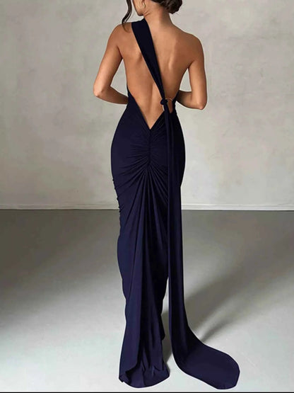 Backless halter ruched bodycon maxi dress, view 20