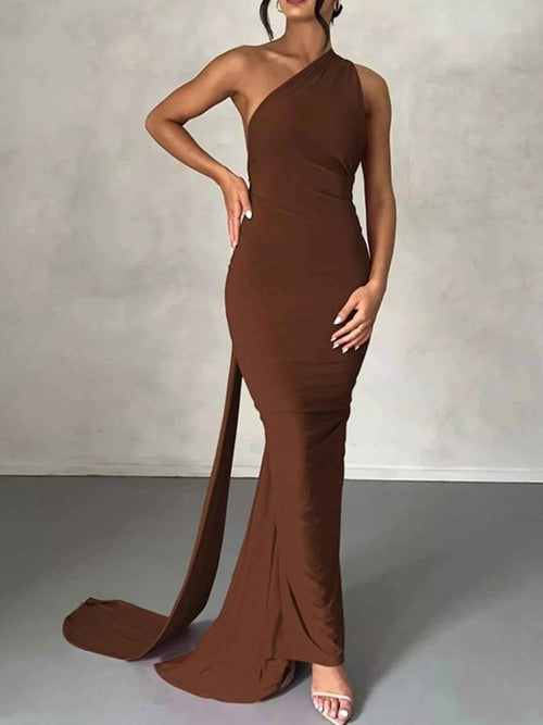 Backless halter ruched bodycon maxi dress in Brown