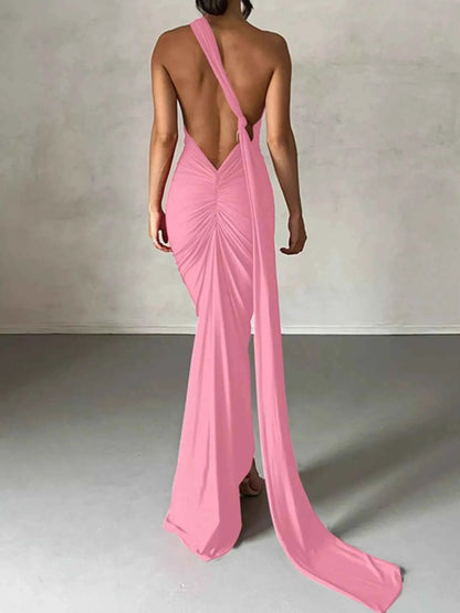 Backless halter ruched bodycon maxi dress, view 24