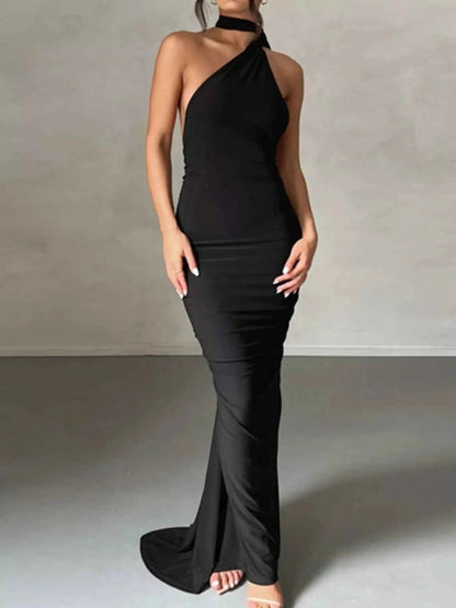Backless halter ruched bodycon maxi dress in Black