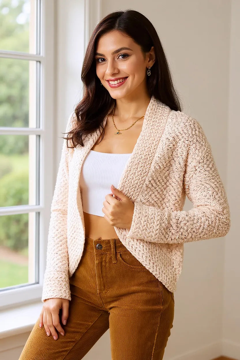 Women's cream open front long sleeve cardigan
