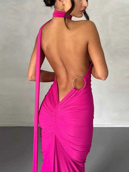 Backless halter ruched bodycon maxi dress, view 3