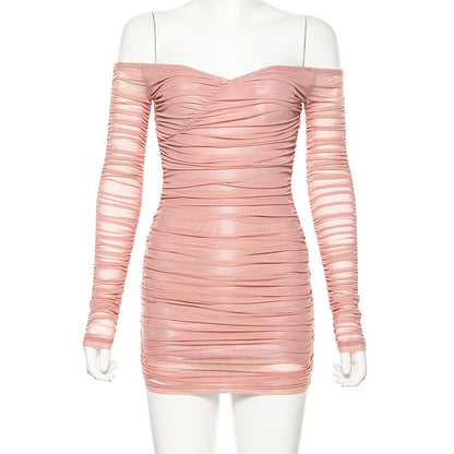 Pink off shoulder v neck bodycon mini dress Long sleeve