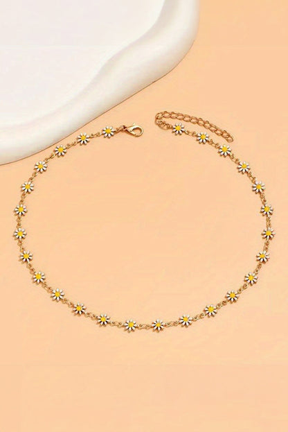 Gold daisy flower chain choker necklace, view 3