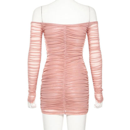 Pink off shoulder v neck bodycon mini dress Long sleeve