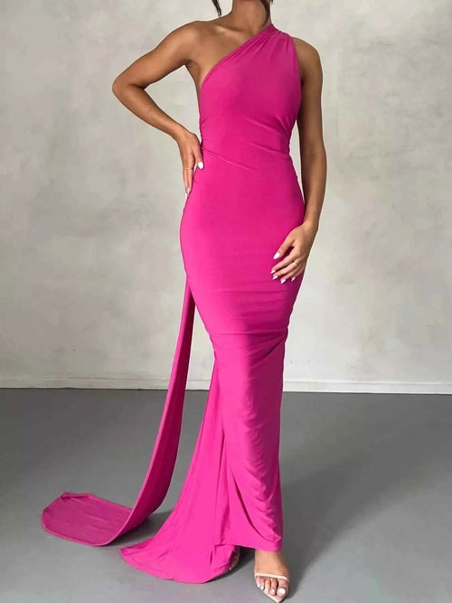 Backless halter ruched bodycon maxi dress in Rose Red