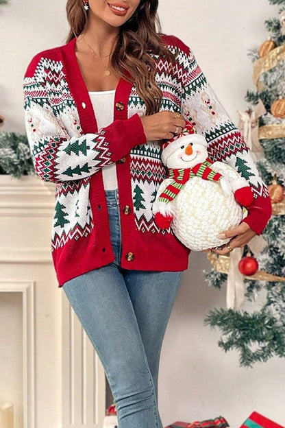 Christmas Print Knit Button Down Loose Cardigan