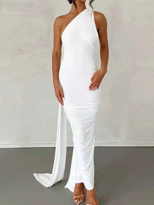 Backless halter ruched bodycon maxi dress in White
