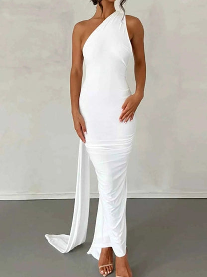 Backless halter ruched bodycon maxi dress in White