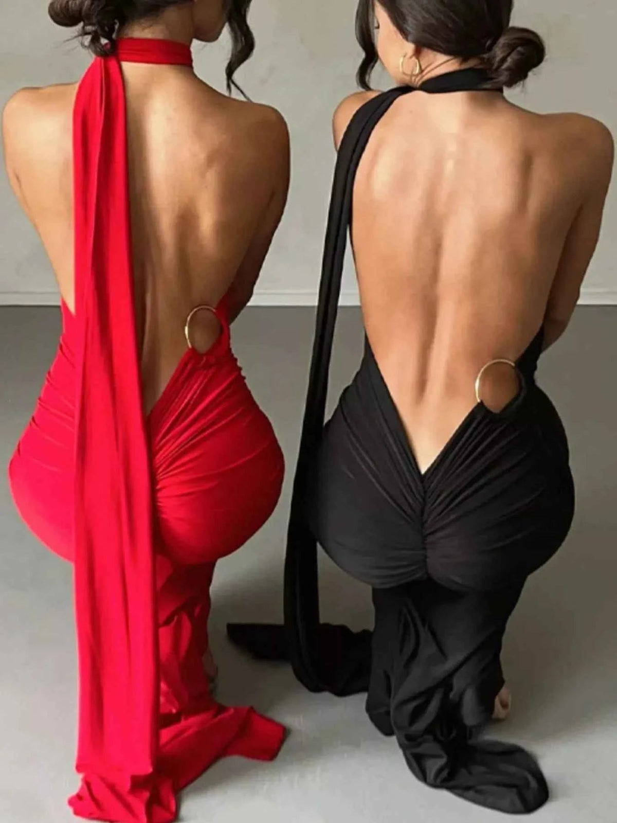 Backless halter ruched bodycon maxi dress, view 12