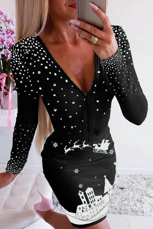 V Neck Studded Christmas Print Zipper Bodycon Mini Dress