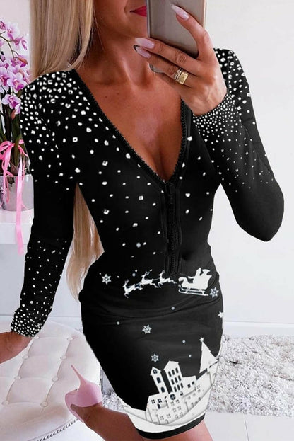 V Neck Studded Christmas Print Zipper Bodycon Mini Dress