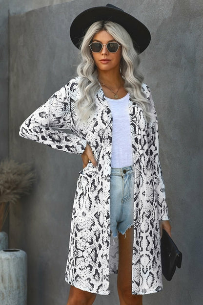 Print Open Front Pocketed Cardigan