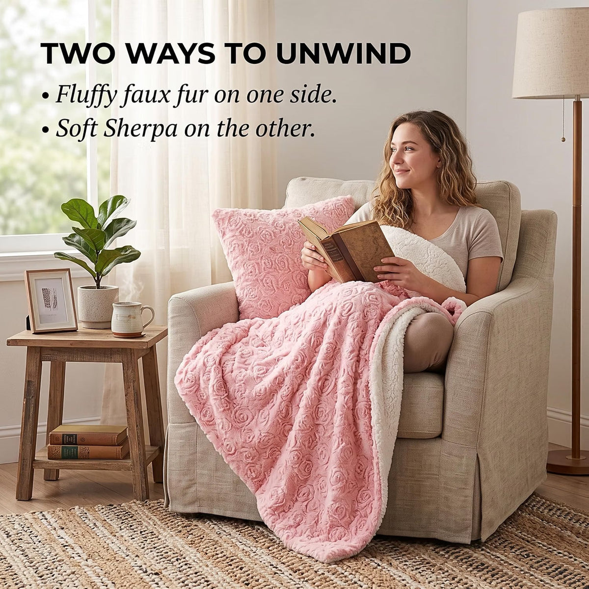 Pink faux fur throw blanket with rose bud texture and white sherpa back, view 3