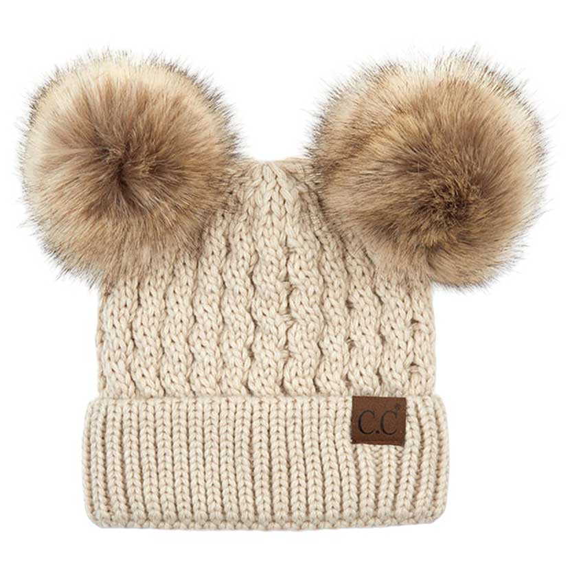 C.C double pom pom cable knit beanie