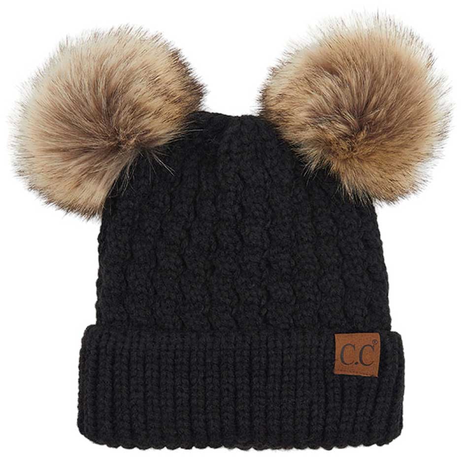 C.C double pom pom cable knit beanie, view 3