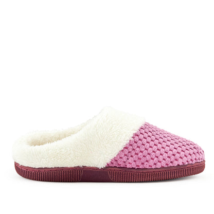 Lilac knit slippers with faux fur cuff, top view