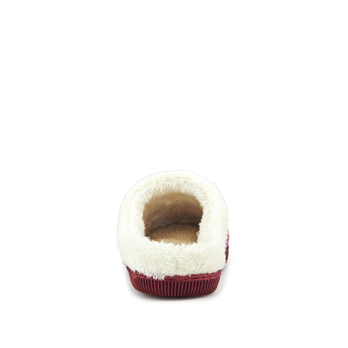Lilac knit slippers with faux fur cuff, detail view