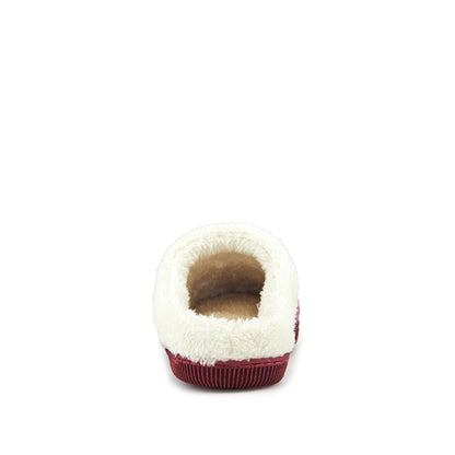 Lilac knit slippers with faux fur cuff, detail view
