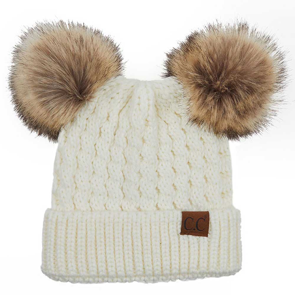 C.C double pom pom cable knit beanie, view 6
