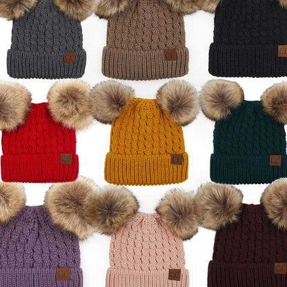 C.C double pom pom cable knit beanie, view 11