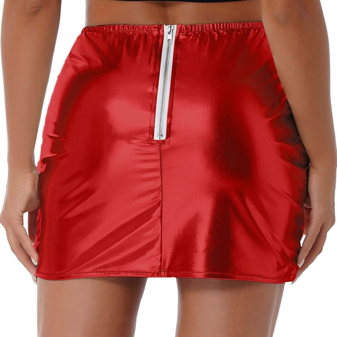 Womens red metallic shiny A-line mini skirt with zipper closure, perfect for winter parties and clubs.