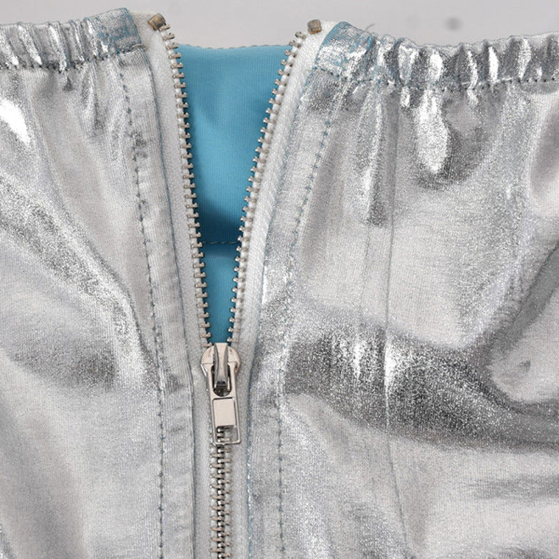 Close-up of zippered silver fabric showcasing the metallic finish of the women&