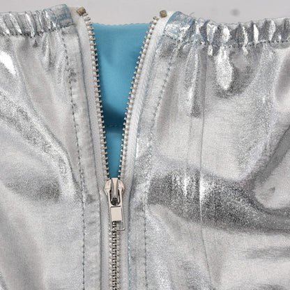 Close-up of zippered silver fabric showcasing the metallic finish of the women&