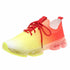 Colorful fashion mesh running sneakers with lace-up design, featuring gradient yellow to red color and transparent sole.