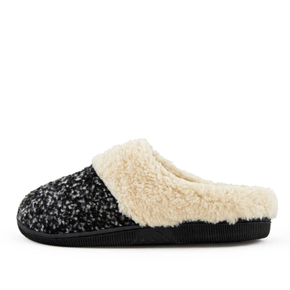 Grey knit slippers with faux fur cuff, side view