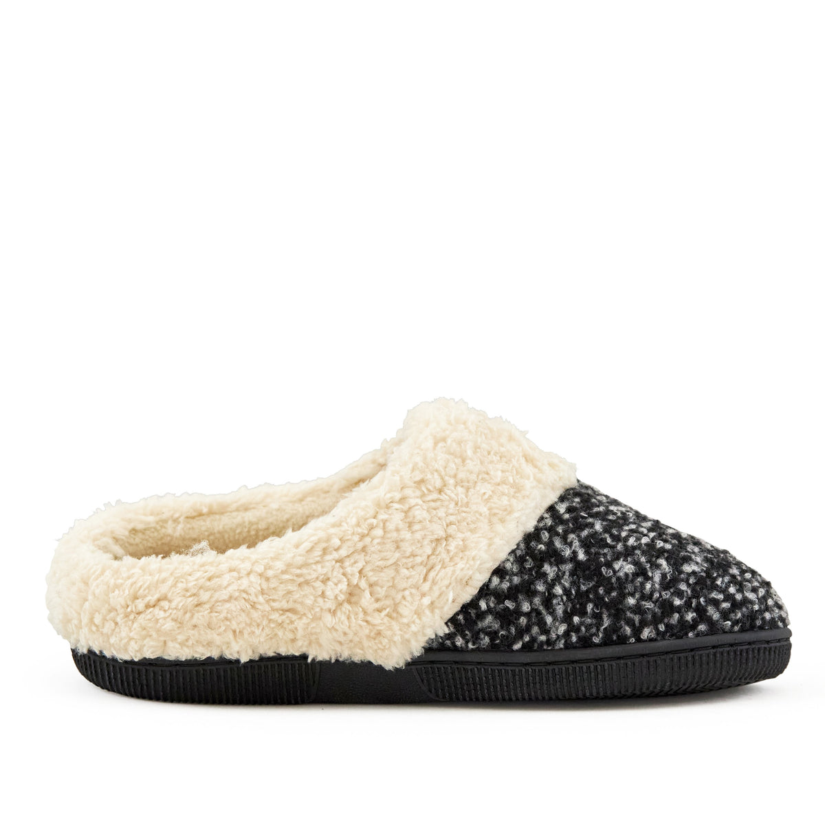 Grey knit slippers with faux fur cuff, top view
