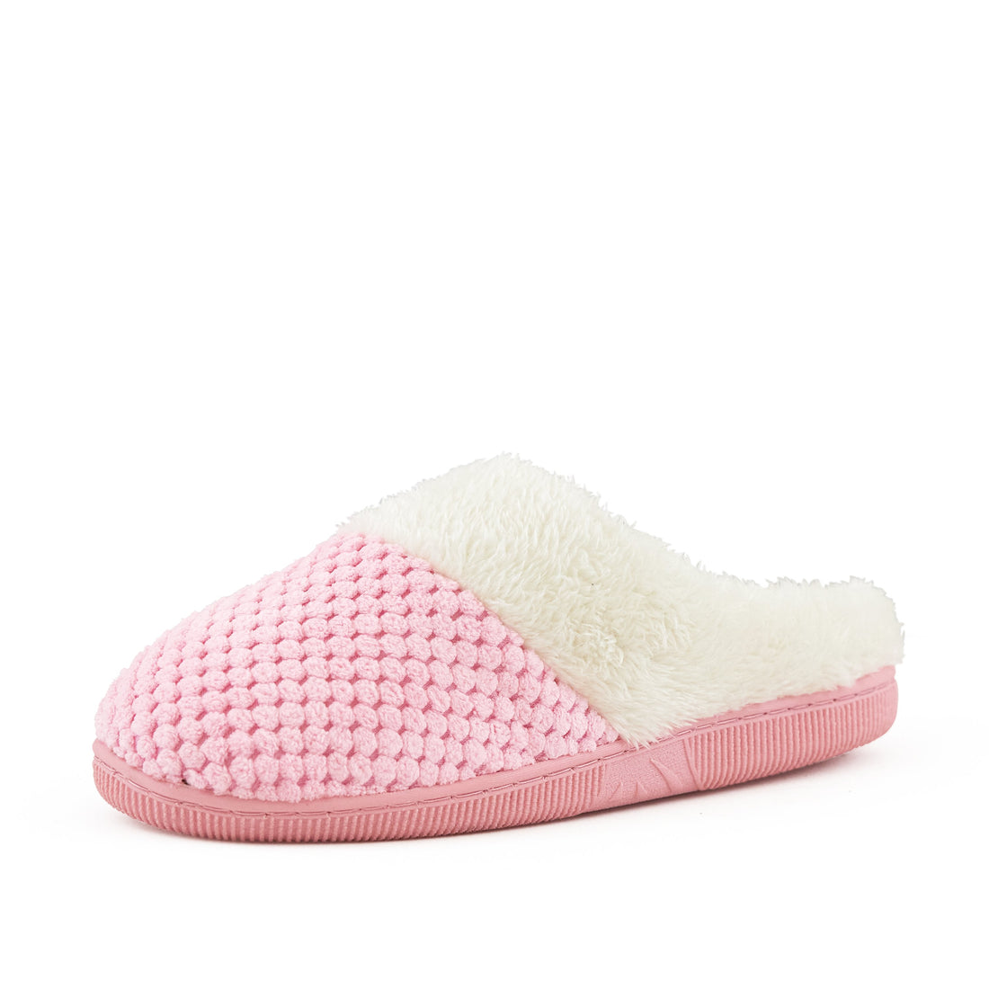 Women's cozy knit slippers with faux fur cuff in pink