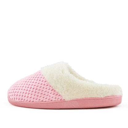 Pink knit slippers with faux fur cuff, side view