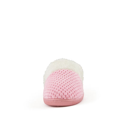 Pink knit slippers with faux fur cuff, top view