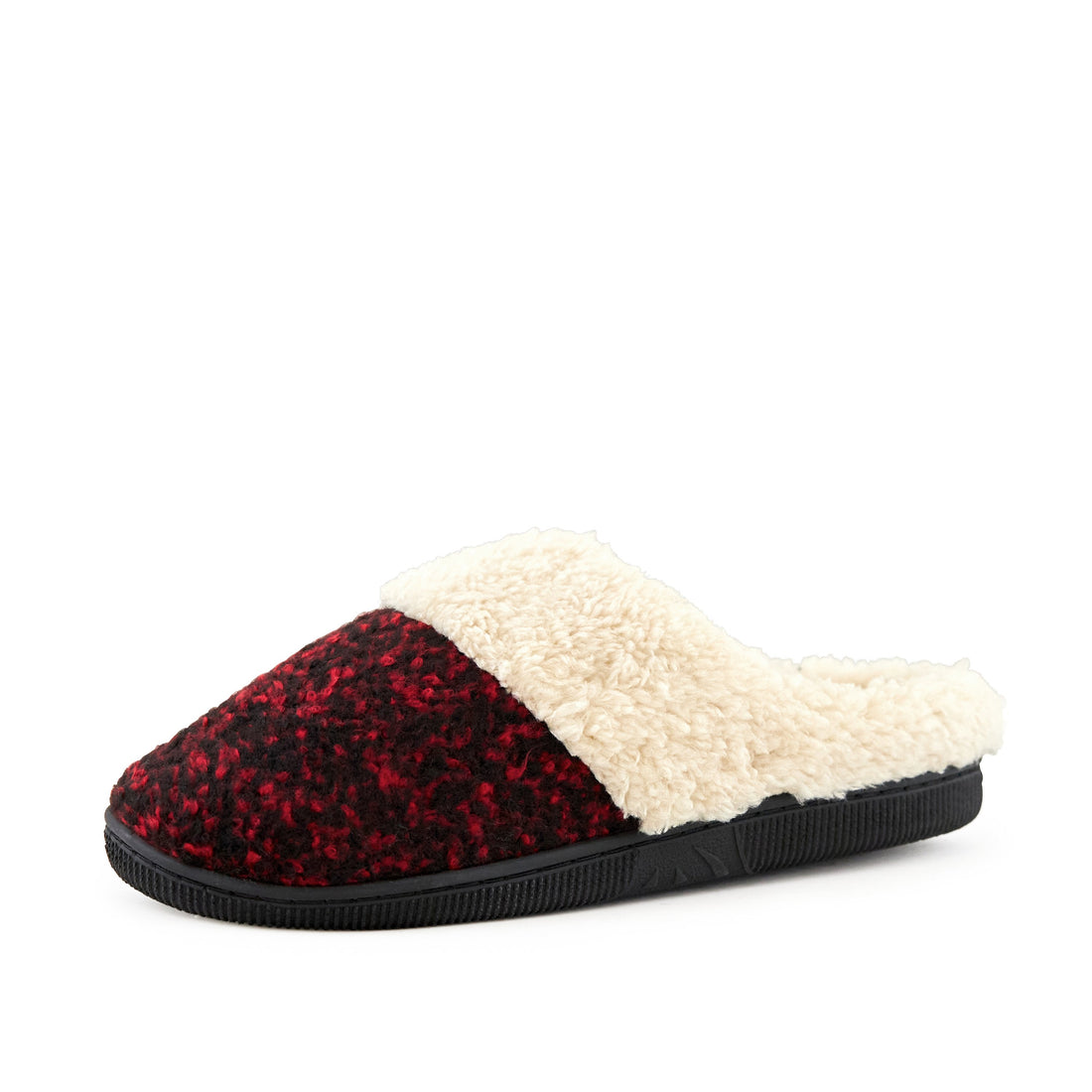 Women's cozy knit slippers with faux fur cuff in wine red