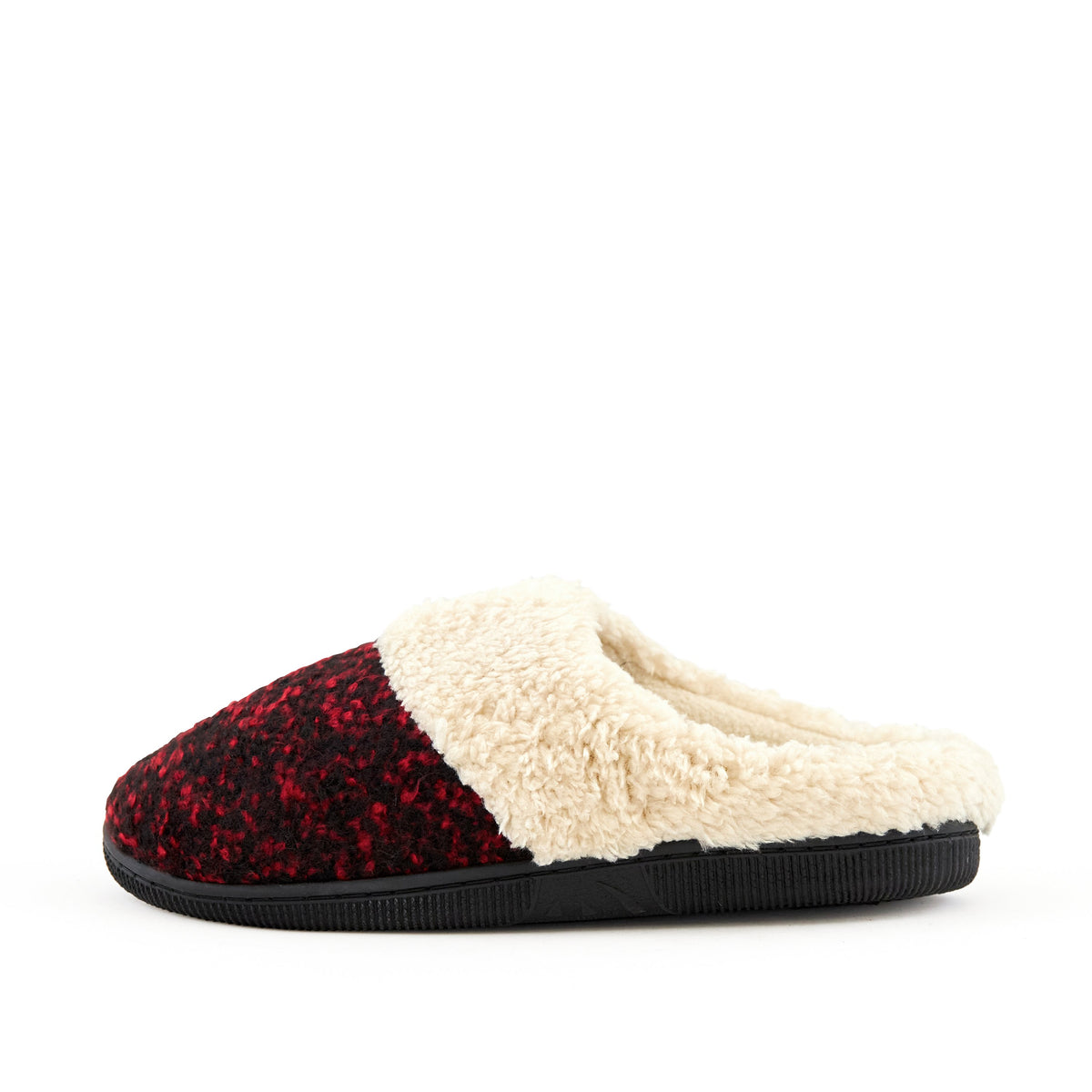 Wine red knit slippers with faux fur cuff, side view