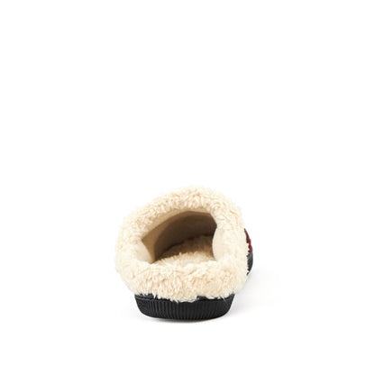 Wine red knit slippers with faux fur cuff, detail view