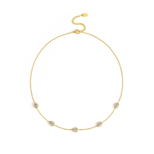 Dainty gold chain necklace with small teardrop gem stations, view 2